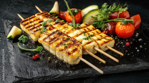 Grilled halloumi cheese skewers served with fresh vegetables on a slate platter, garnished with herbs and spices, perfect for a healthy meal.