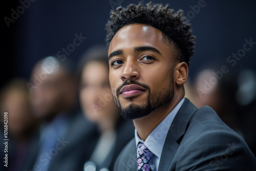 A man with a beard and a tie is sitting in a room with other people