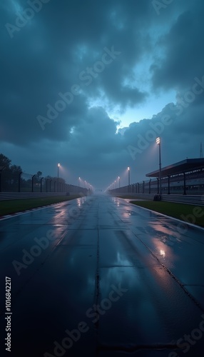 A moody, atmospheric shot of a wet racetrack under dramatic skies. Perfect for themes of speed, competition, or weather in sports and automotive contexts. photo