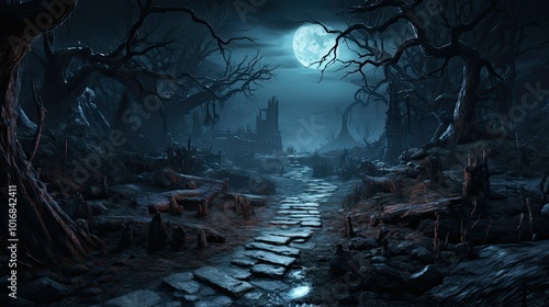 moonlight landscape in horror Halloween woods