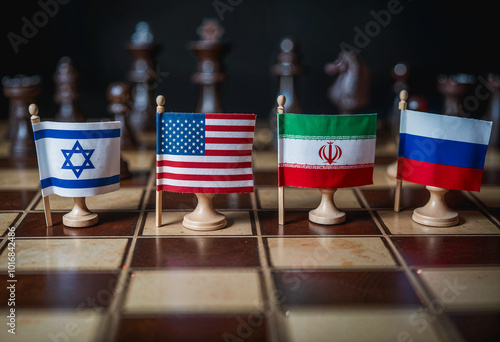 A chess board with the flags of The United States, Israel, Iran and Russia. Symboling the Geo political tensions today.