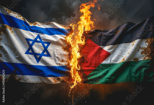 The flags of Israel and Palestine both on fire, symboling the war between the countries. Israel VS Palestine.