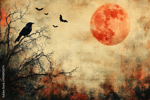 A bird is perched on a tree branch in front of a red moon. The sky is filled with bats flying around the moon. The image has a spooky and eerie mood, with the bats