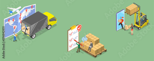 3D Isometric Flat Vector Illustration of Efficient Logistics Coordination, Supply Chain Optimization