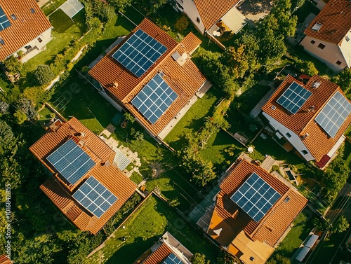 Aerial view of a neighborhood with solar panels on rooftops