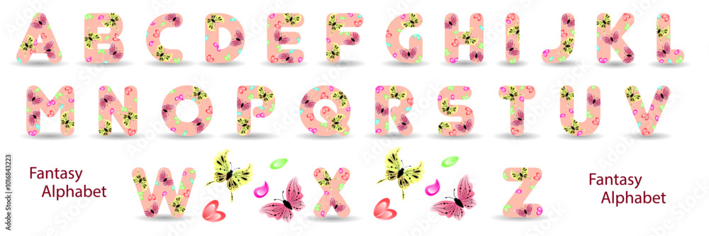 A fancy set of letters of the English alphabet. Cartoon style. Vector illustration. A fancy set of letters of the English alphabet. Cartoon style. Vector illustration.