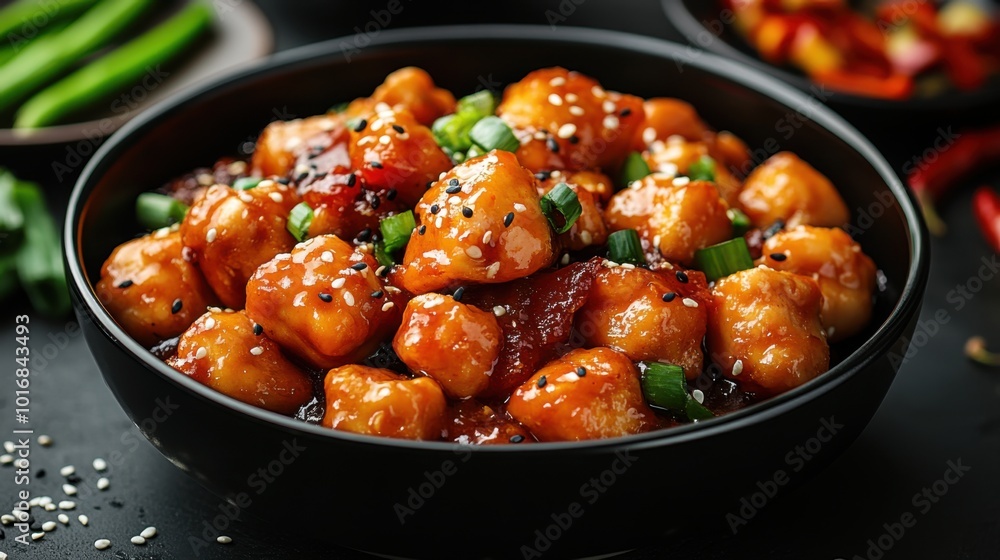 Freshly prepared sweet and sour chicken served in a black bowl, garnished with sesame seeds and chopped green onions. vibrant vegetables in the background enhance the asian culinary scene. Freshly prepared sweet and sour chicken served in a black bowl, garnished with sesame seeds and chopped green onions. vibrant vegetables in the background enhance the asian culinary scene.