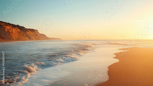 Wallpaper Mural Peaceful golden sunset with soft ocean waves gently washing onto a sandy beach, framed by dramatic cliffs in the distance.
 Torontodigital.ca