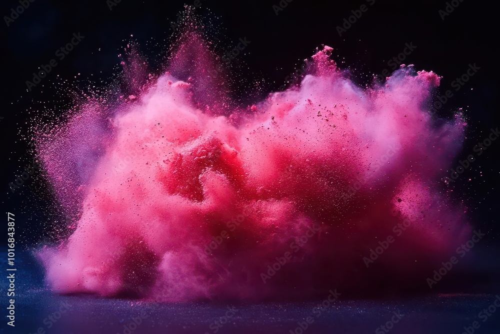 explosive cloud of vibrant pink and red pigment powder frozen in midair dynamic movement particles suspended against dark background explosive cloud of vibrant pink and red pigment powder frozen in midair dynamic movement particles suspended against dark background