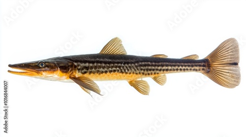 detailed representation highlights the Shortnose Gar a unique freshwater fish emphasizing its distinct shape fin structure and coloration against a clean white backdrop.