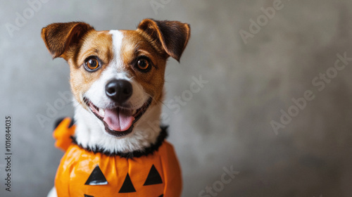 A dog wearing a Halloween costume and a pumpkin hat. The dog is smiling and looking at the camera