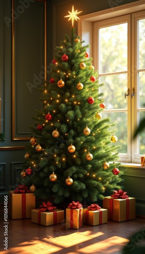 A beautifully decorated Christmas tree with sparkling ornaments and wrapped gifts, perfect for capturing the warmth of holiday celebrations at home or in festive marketing.