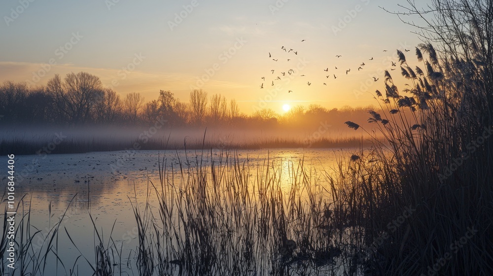Serene sunrise over a tranquil wetland with birds flying and fog softly settling Serene sunrise over a tranquil wetland with birds flying and fog softly settling