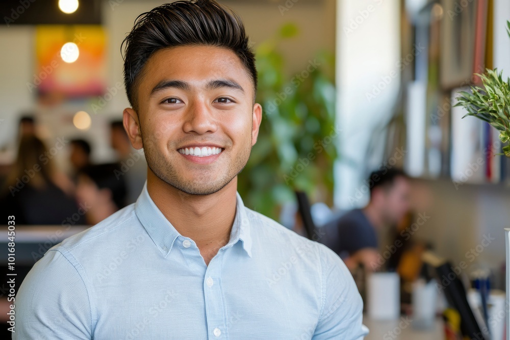A Smiling Man in a Light Blue Shirt in an Office Setting A Smiling Man in a Light Blue Shirt in an Office Setting