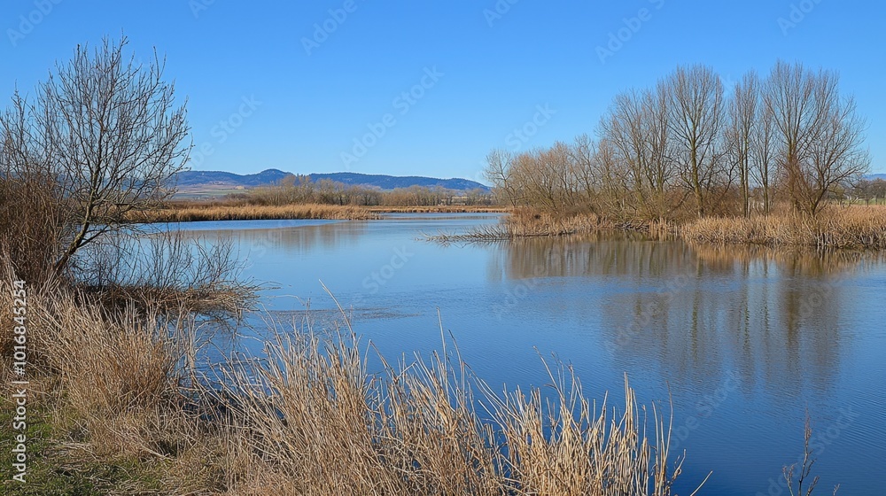 A serene river landscape with gentle waters reflecting the clear blue sky at midday A serene river landscape with gentle waters reflecting the clear blue sky at midday