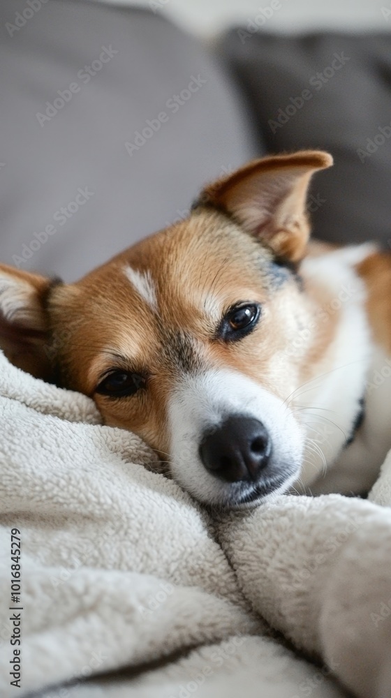 A cozy dog resting comfortably on a soft blanket in a warm living room during the afternoon A cozy dog resting comfortably on a soft blanket in a warm living room during the afternoon
