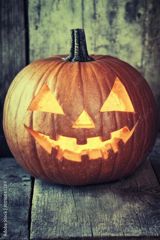 A pumpkin with a smiley face carved into it. The pumpkin is sitting on a wooden surface A pumpkin with a smiley face carved into it. The pumpkin is sitting on a wooden surface