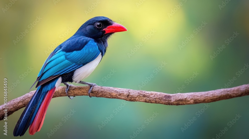 Obraz premium Captivating close-up of a Red-billed Blue Magpie on a branch, highlighting its brilliant blue wings and vivid red beak, framed against a soft green background.