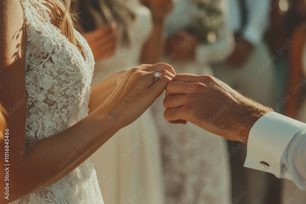Obraz premium Close-up of the groom's hand holding and placing an engagement ring on his bride's finger, focusing on their hands in a wedding ceremony setting Generative AI