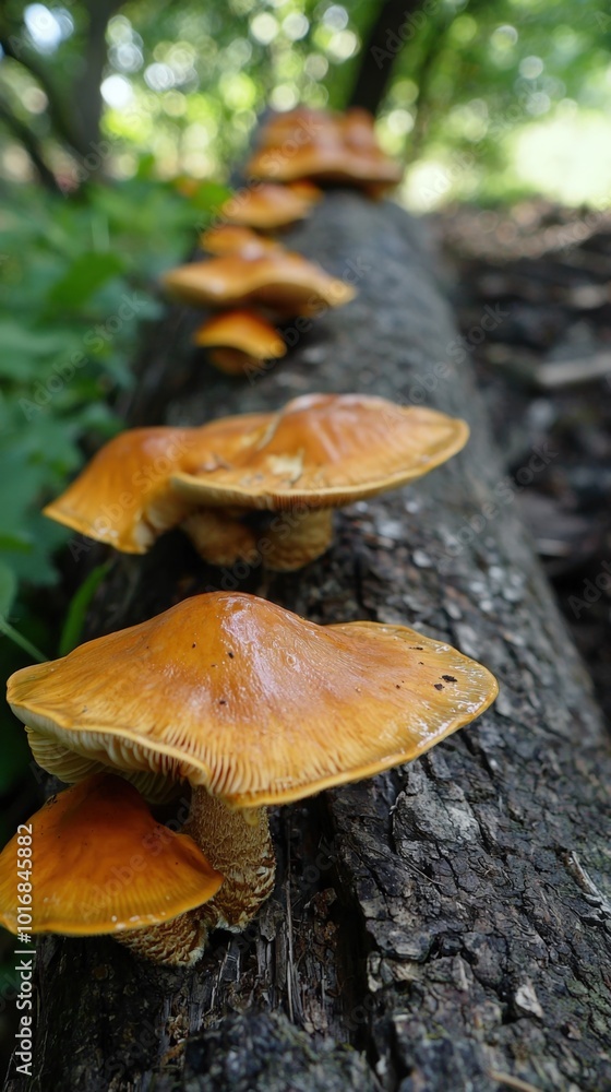A vibrant line of golden mushrooms growing on a fallen log in a sun-drenched forest A vibrant line of golden mushrooms growing on a fallen log in a sun-drenched forest