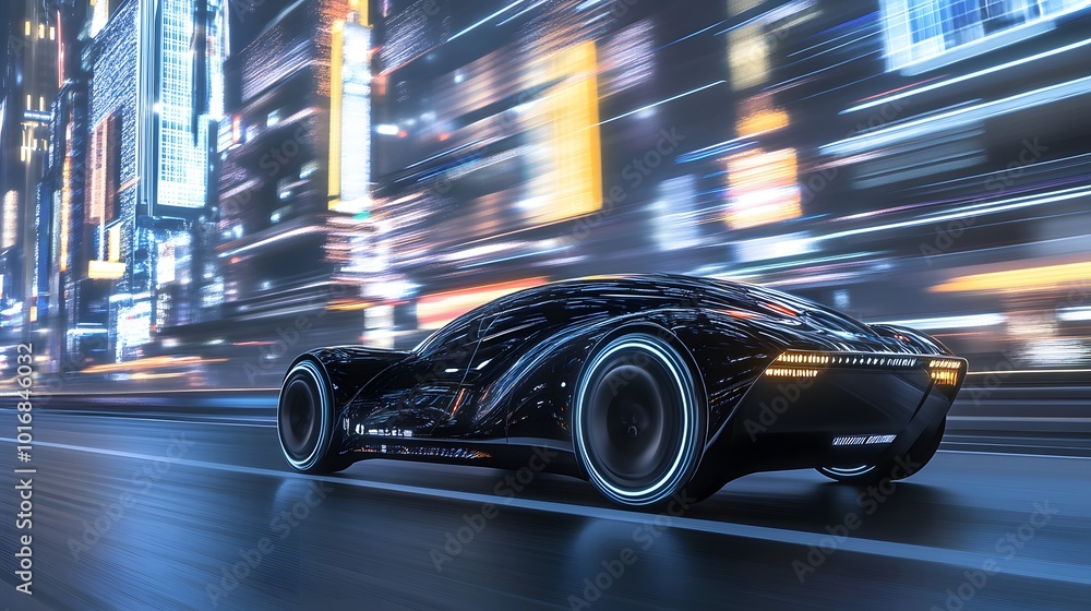 black futuristic electric car very fast driving in sci fi sity, town. Concept of future. 3d rendering. black futuristic electric car very fast driving in sci fi sity, town. Concept of future. 3d rendering.