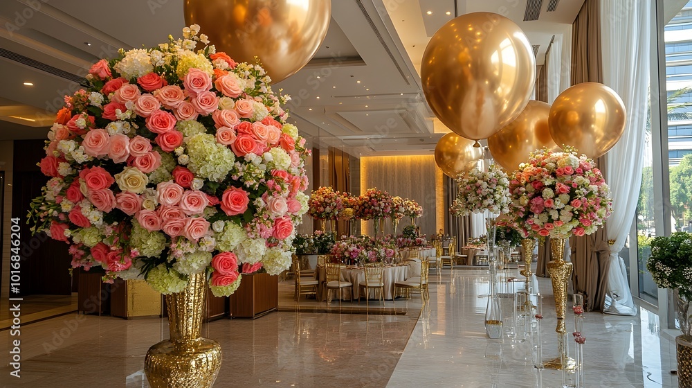 Luxurious and Glamorous Indoor Event Featuring Stunning Air Balloon Displays Opulent Floral Shimmering Gold Accents for a Chic and Elegant Luxurious and Glamorous Indoor Event Featuring Stunning Air Balloon Displays Opulent Floral Shimmering Gold Accents for a Chic and Elegant