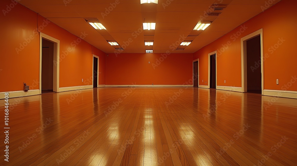 Empty orange room with multiple doors and shiny wooden floor, minimalist interior design, abstract space Empty orange room with multiple doors and shiny wooden floor, minimalist interior design, abstract space