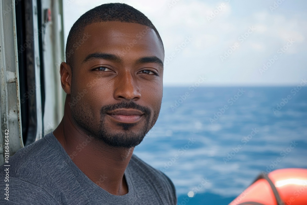 Close-up Portrait of a Man with a Stubble and Deep Gaze Against a Blurred Ocean Background Close-up Portrait of a Man with a Stubble and Deep Gaze Against a Blurred Ocean Background