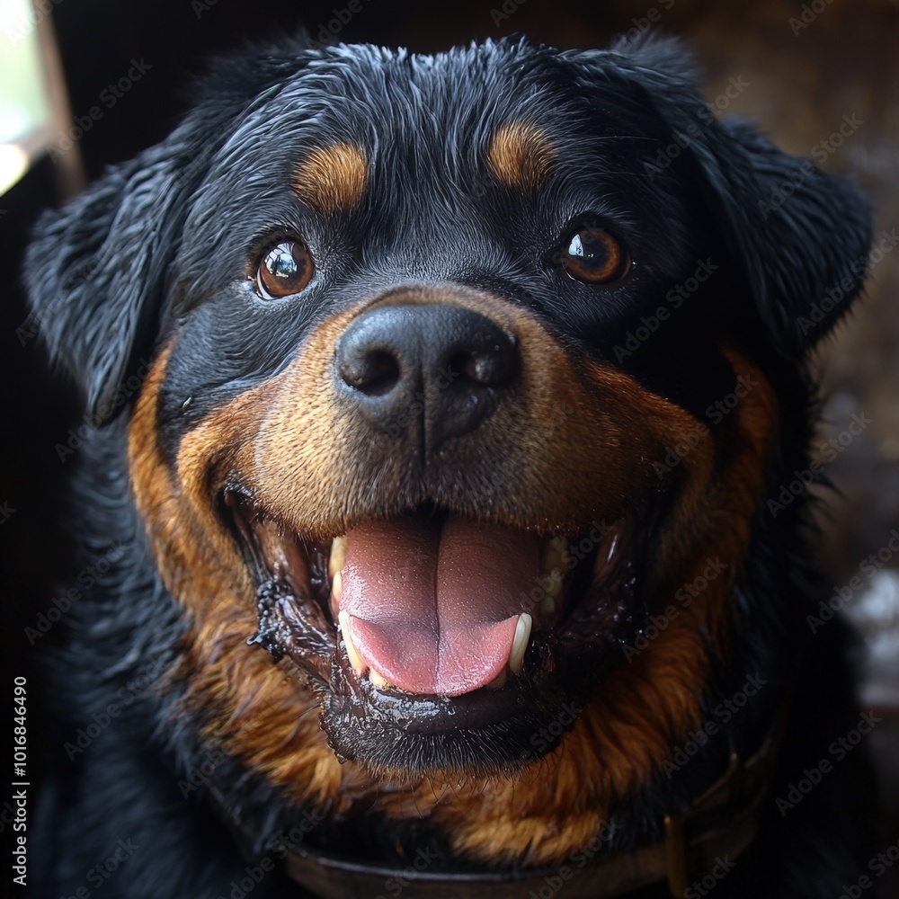 Joyful Rottweiler with a gleaming coat enjoys a sunny day outdoors Joyful Rottweiler with a gleaming coat enjoys a sunny day outdoors