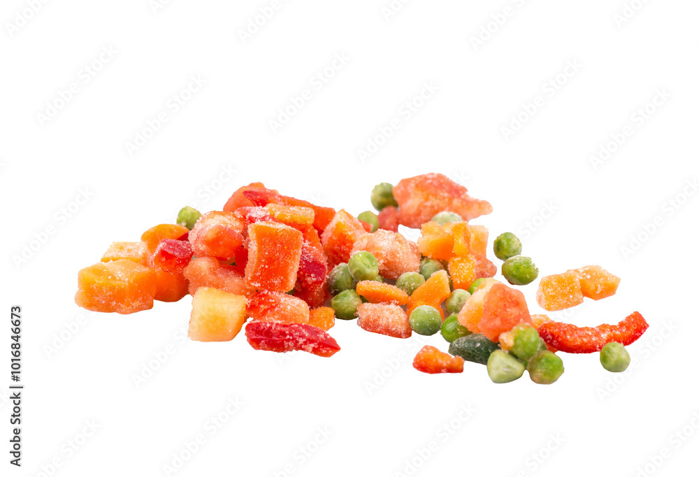 Frozen vegetables isolated on white background. A mixture of various vegetables Frozen vegetables isolated on white background. A mixture of various vegetables