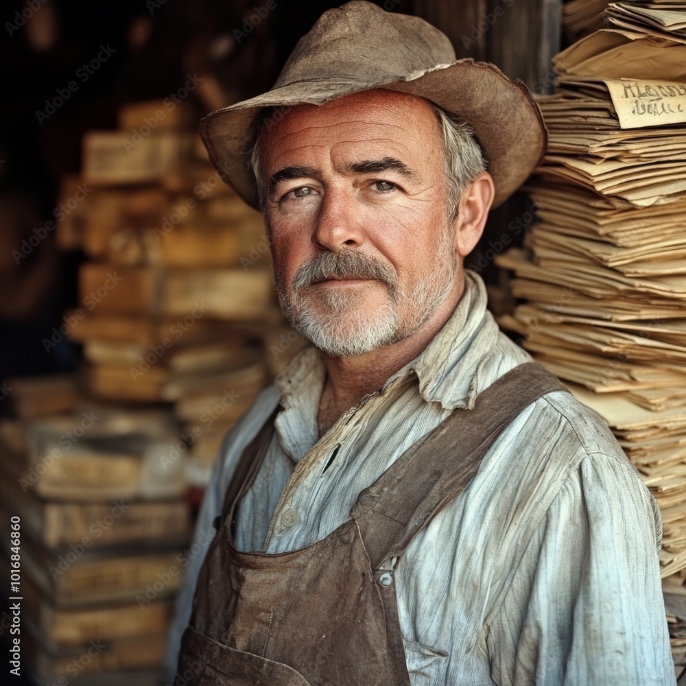 A skilled craftsman stands proudly amidst stacks of paper in a rustic workshop A skilled craftsman stands proudly amidst stacks of paper in a rustic workshop