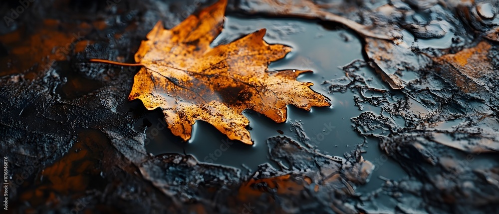 Close up macro shot of a leaf covered in oil representing the environmental damage and consequences of fossil fuel spills and pollution The fallen autumn leaf displays changing colors texture Close up macro shot of a leaf covered in oil representing the environmental damage and consequences of fossil fuel spills and pollution The fallen autumn leaf displays changing colors texture