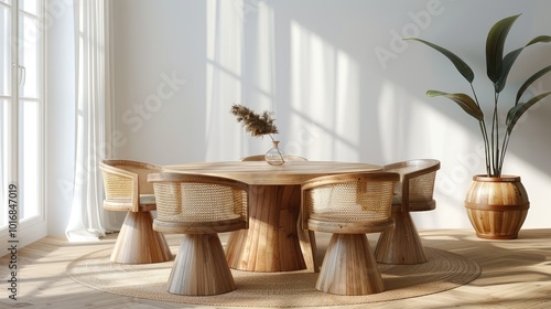 Round wooden dining table and barrel chairs. Scandinavian or mid-century interior design