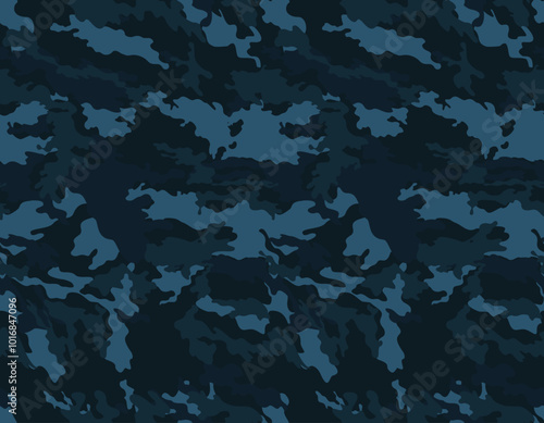 military blue camouflage pattern, dark vector background, modern design for print clothing, paper, fabric