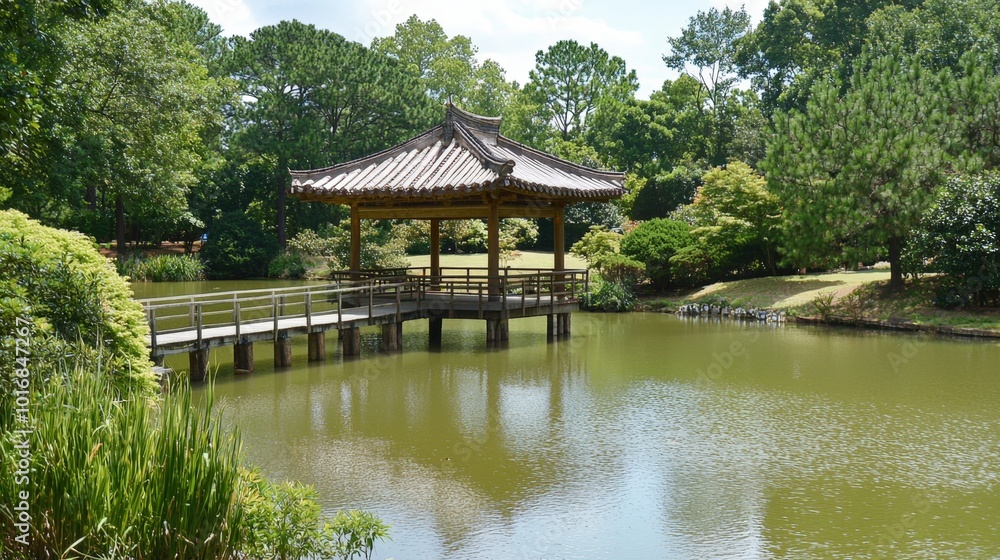 A serene pagoda overlooking a tranquil pond in a lush garden on a sunny afternoon A serene pagoda overlooking a tranquil pond in a lush garden on a sunny afternoon