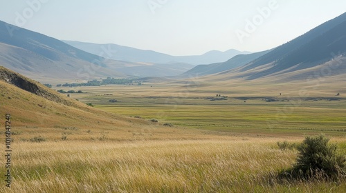 Expansive valley landscape under a clear sky with gentle rolling hills in the distance