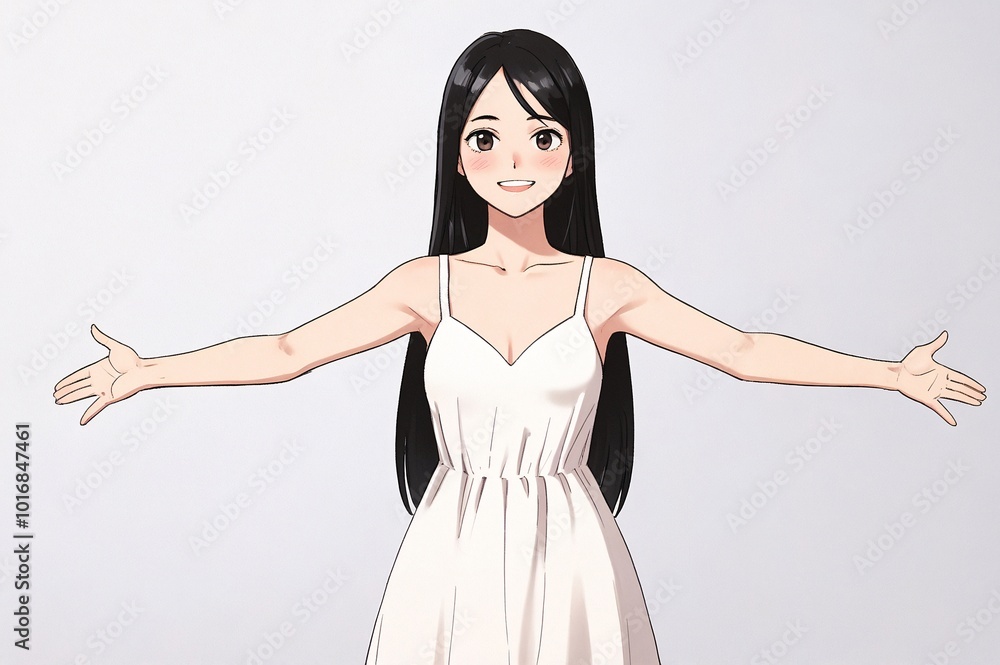Woman smiling, giving a hug gesture with both her hands, standing with arms outstretched. Woman smiling, giving a hug gesture with both her hands, standing with arms outstretched.