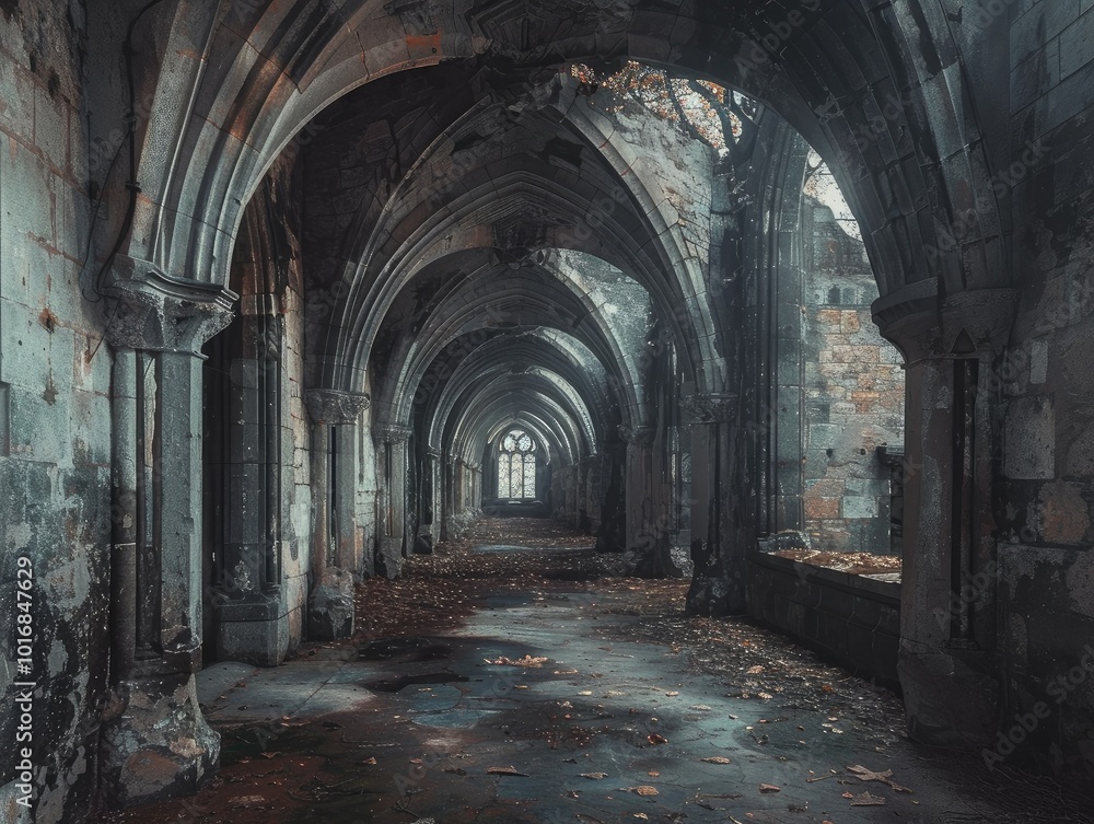Shadowy gothic arches in abandoned abbey Shadowy gothic arches in abandoned abbey