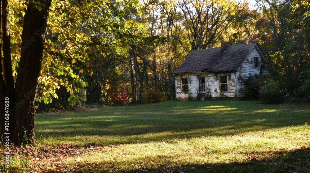A serene autumn afternoon at a quaint old cabin surrounded by colorful foliage A serene autumn afternoon at a quaint old cabin surrounded by colorful foliage