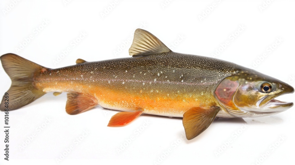 Fototapeta premium Arctic Char a unique cold water fish displays its vibrant coloration and fine details against a crisp white background perfect for educational purposes.