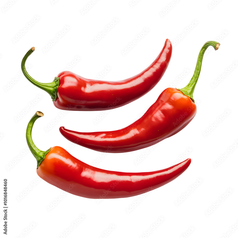 Three red chili peppers with green stems, slightly overlapping, white background Three red chili peppers with green stems, slightly overlapping, white background