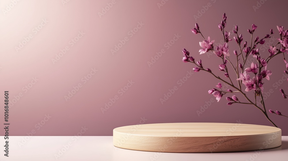 A simple wooden podium with small, unobtrusive flower decorations around the base, naturally lit, offering a soft, organic backdrop for product display. A simple wooden podium with small, unobtrusive flower decorations around the base, naturally lit, offering a soft, organic backdrop for product display.