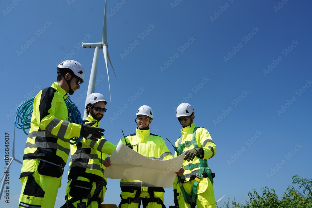 Fototapeta premium Four male engineers in uniforms standing on wind turbine station holding blueprints discussing and inspecting construction of wind turbine installation to generate electricity in wind farm. Clean ener