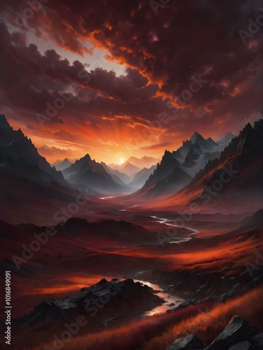 A sky filled with deep red and orange tones as the sun sets behind mountains, casting a dramatic, almost apocalyptic glow over the landscape 