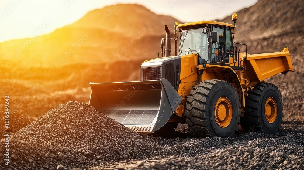 Loader with built-in solar panels powering auxiliary systems on a green construction site, Solar-powered loader, Eco-friendly, modern, sustainable Loader with built-in solar panels powering auxiliary systems on a green construction site, Solar-powered loader, Eco-friendly, modern, sustainable