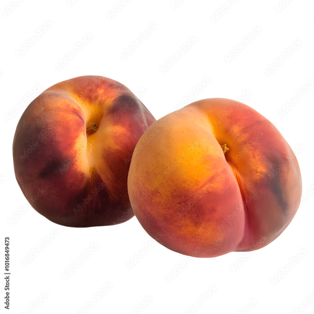 Two ripe peaches side by side with red, orange, and yellow hues Two ripe peaches side by side with red, orange, and yellow hues