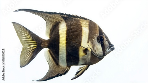 Atlantic Spadefish showcases its unique appearance characterized by bold black and white vertical stripes highlighting its features and color against a plain white background. photo