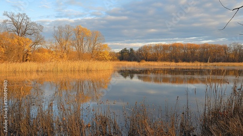 Golden autumn reflections on a tranquil lake surrounded by vibrant trees at sunset