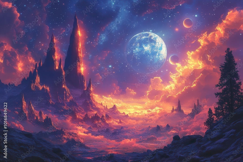 fantastical alien planet with swirling bioluminescent clouds and otherworldly landscapes vibrant colors clash and blend in impossible formations distant moons loom large in alien sky fantastical alien planet with swirling bioluminescent clouds and otherworldly landscapes vibrant colors clash and blend in impossible formations distant moons loom large in alien sky