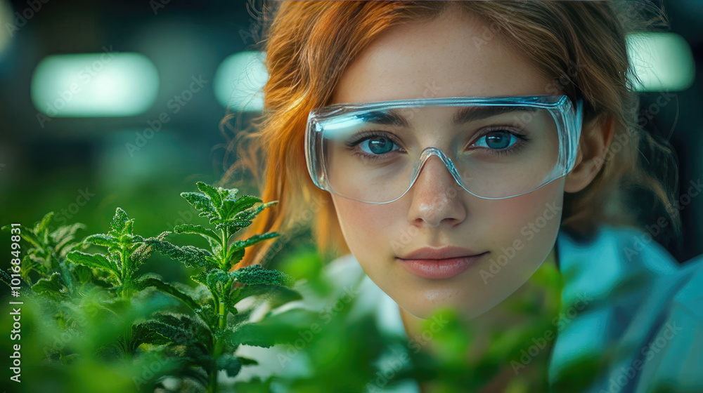 A female scientist wearing a lab coat and safety goggles, closely examining plants, symbolizing research in agriculture or botany A female scientist wearing a lab coat and safety goggles, closely examining plants, symbolizing research in agriculture or botany